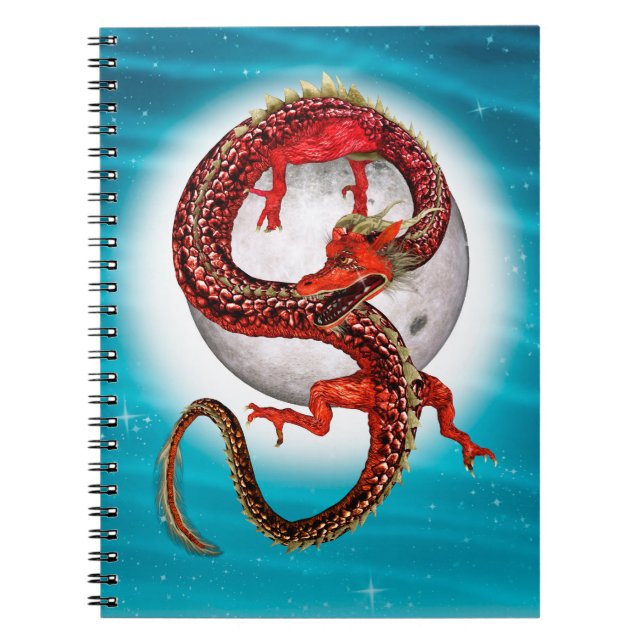 Röd månedrake Celestial Fantasykonst Anteckningsbok (Framsidan)