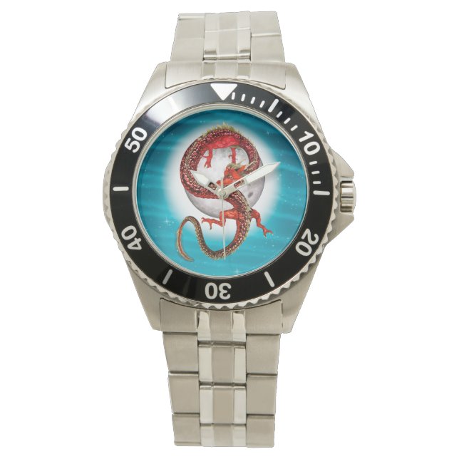 Röd månedrake Celestial Fantasykonst Armbandsur (Framsida)