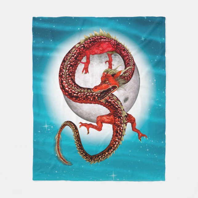 Röd månedrake Celestial Fantasykonst Fleecefilt (Framsidan)