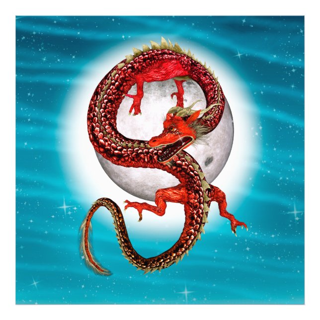 Röd månedrake Celestial Fantasykonst Fototryck (Framsidan)