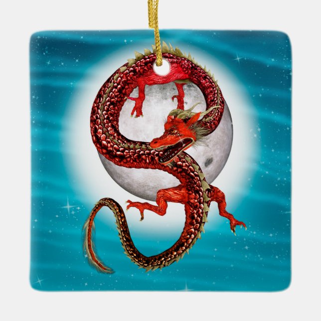 Röd månedrake Celestial Fantasykonst Julgransprydnad Keramik (Framsida)