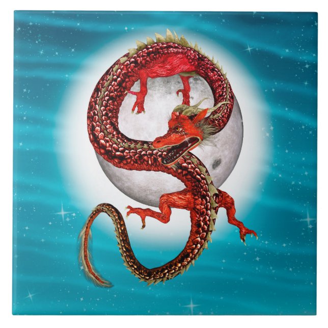 Röd månedrake Celestial Fantasykonst Kakelplatta (Framsidan)