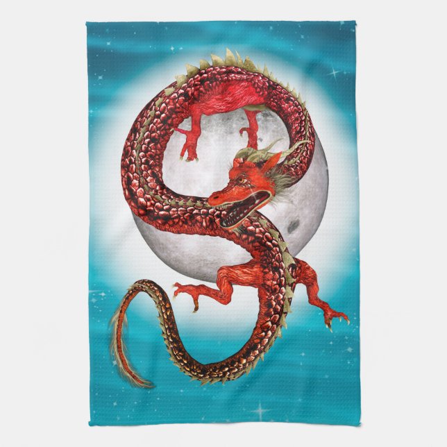 Röd månedrake Celestial Fantasykonst Kökshandduk (Vertikal)