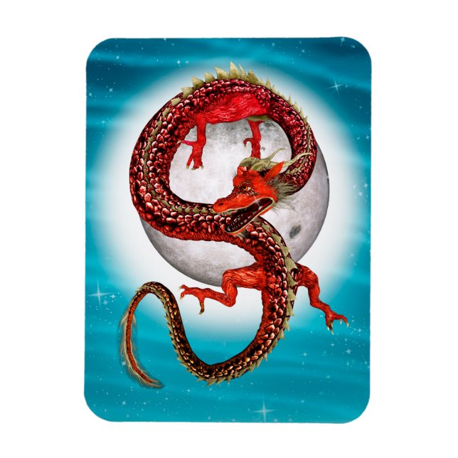Röd månedrake Celestial Fantasykonst Magnet (Vertikal)