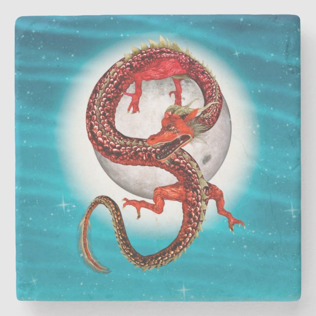 Röd månedrake Celestial Fantasykonst Stenunderlägg (Framsidan)
