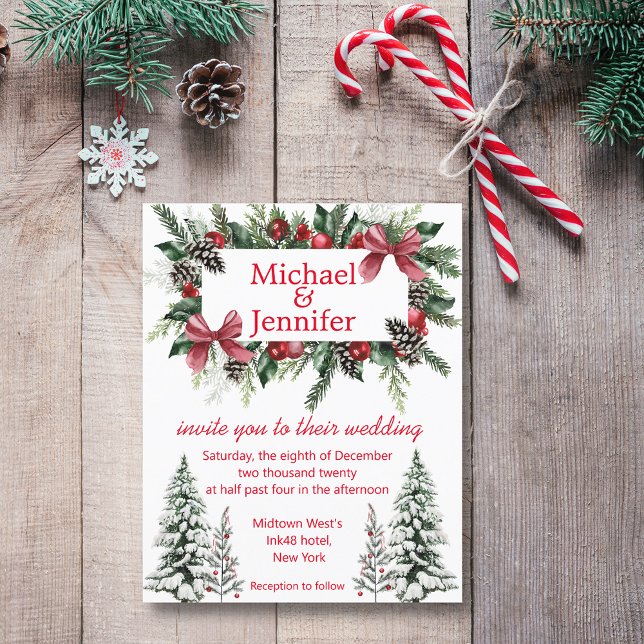röd manus christmas Greenery bröllopsinbjudan (christmas vintage wedding invitation)