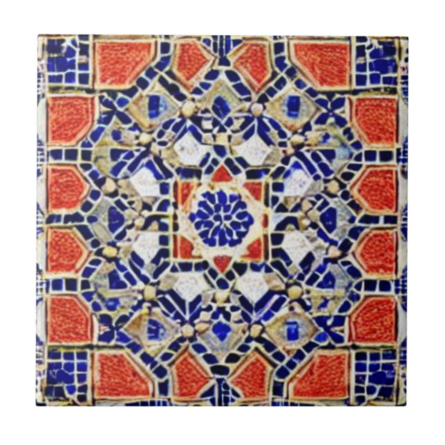 Röd marin blå geometrisk konst moroccan mosaic des kakelplatta (Framsidan)