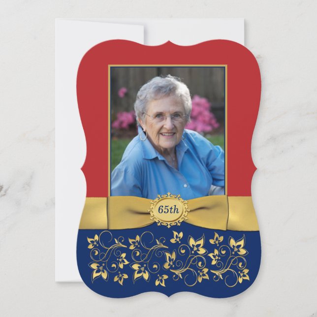 Röd, marin, Guld 65e Foto Birthday-inbjudan Inbjudningar (Framsida)