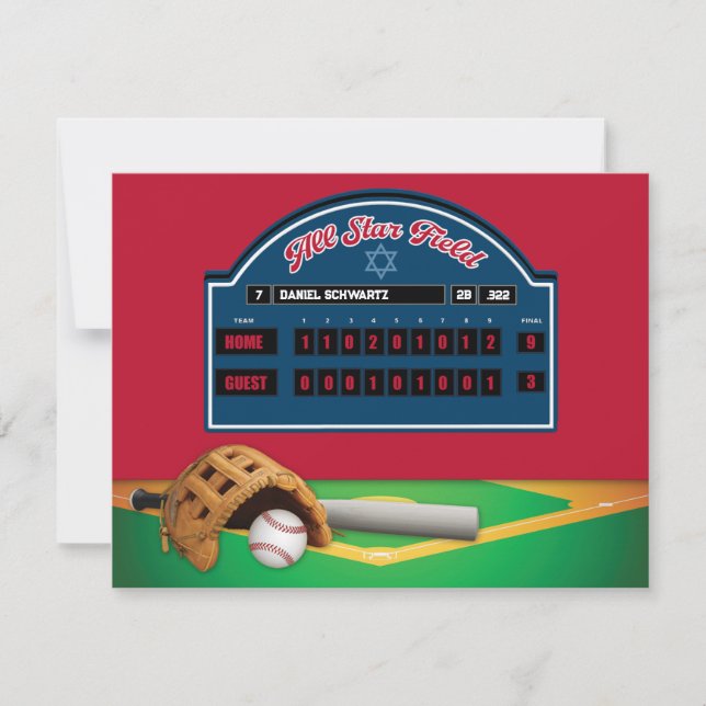 Röd, Marinblå Baseball Bar Mitzvah Mottagningskort Inbjudningar (Framsida)