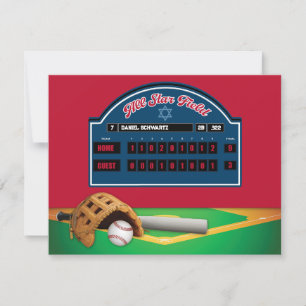 Röd, Marinblå Baseball Bar Mitzvah Mottagningskort Inbjudningar