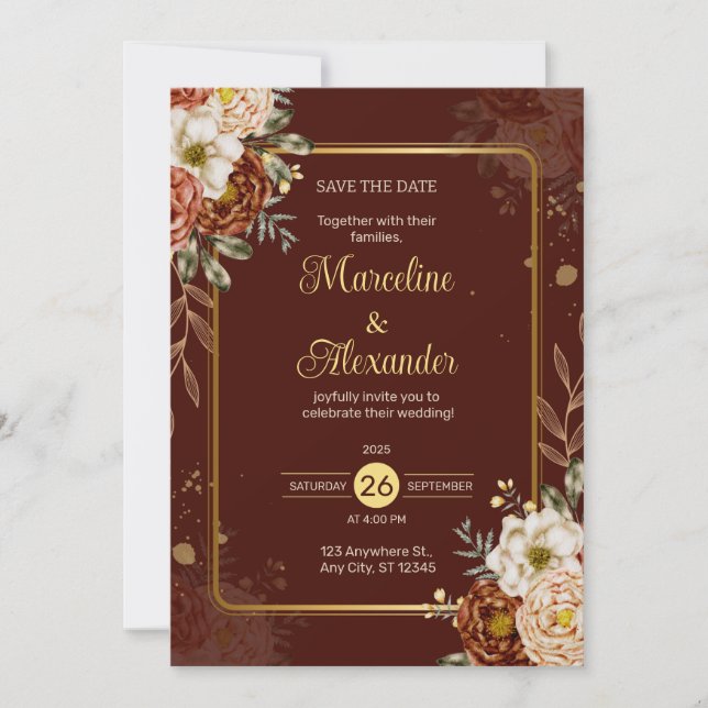 Röd Maroon Guld Blommig Elegant Bröllopsinbjudan Inbjudningar (Framsida)