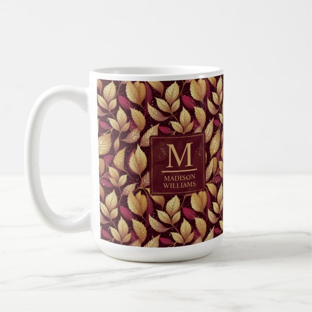 Röd Maroon Guld Glitter Höstlöv Mönster Kaffemugg (Vänster)