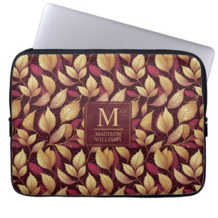 Röd Maroon Guld Glitter Höstlöv Mönster Laptop Fodral