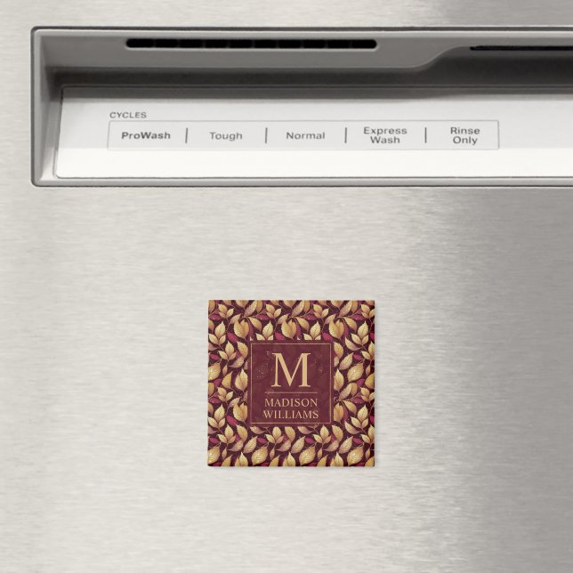 Röd Maroon Guld Glitter Höstlöv Mönster Magnet (In Situ (Dishwasher))