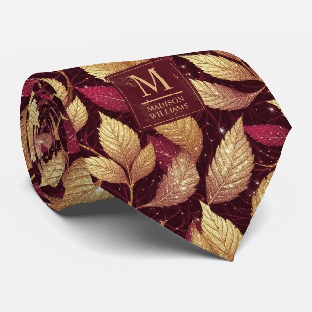 Röd Maroon Guld Glitter Höstlöv Mönster Slips (Rullad)