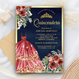 Röd Marsala Blommig Klänning Marin Guld Quinceaner Inbjudningar