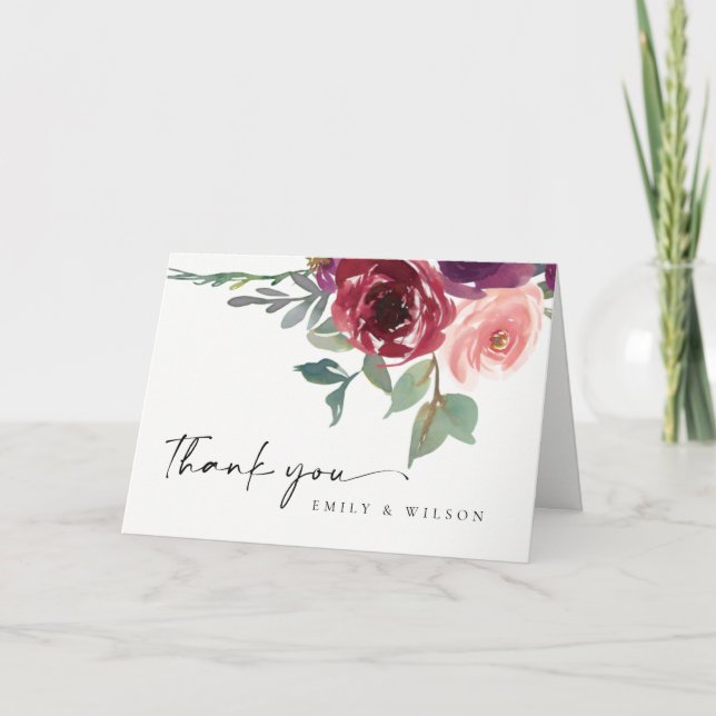 RÖD MARSALA ROSÉ FLIKIG VATTENFÄRG BRÖLLLOP TACK KORT (Framsida)