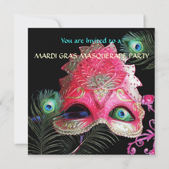 RÖD MASK MED  PÅFÅGELFJÄDRAR MASQUERADE FEST INBJUDNINGAR (Framsida)