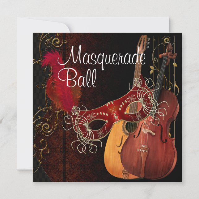 Röd mask-musikinstrument maskerad Boll Invi Inbjudningar (Framsida)
