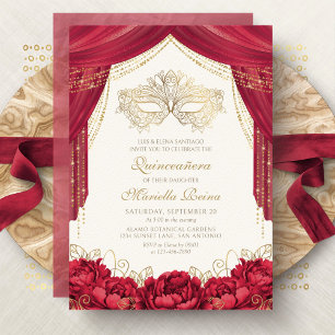 Röd maskeradmask modern Quinceanera Inbjudningar