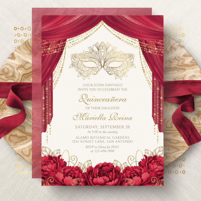 Röd maskeradmask modern Quinceanera Inbjudningar (Skapare uppladdad)