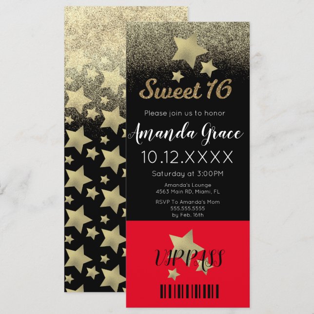 Röd matta för sweet sixteen i Guld Glitter Inbjudningar (Fram/baksida)
