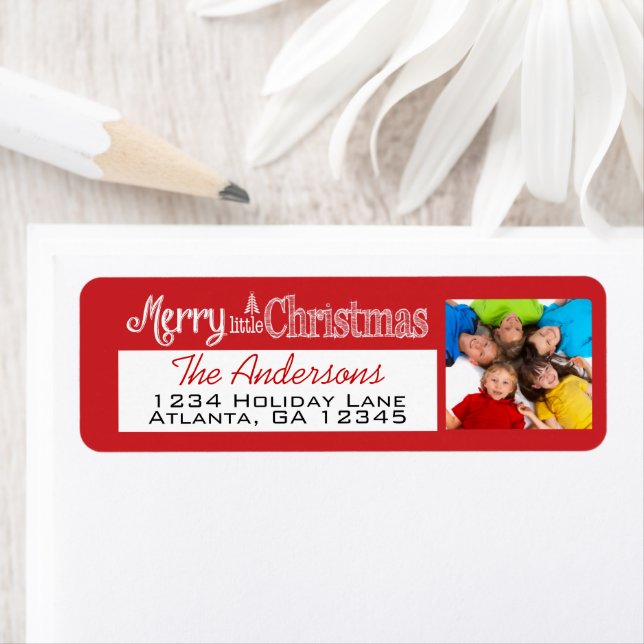 Röd med din Helgdag Photo Merry Little jul Returadress Etikett (Insitu)