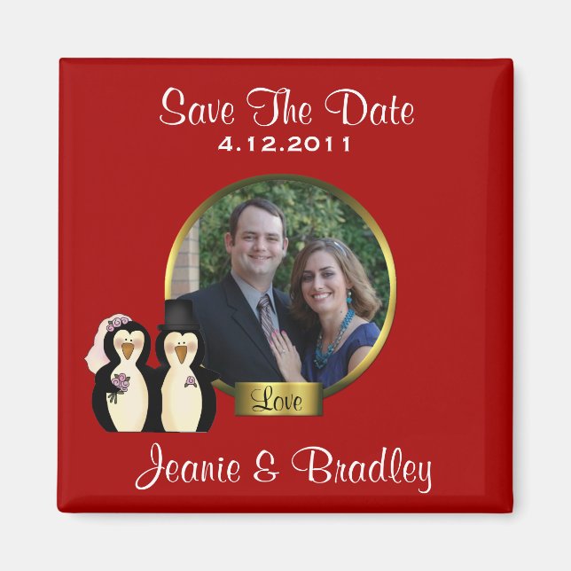 Röd med Penguins Spara datum magneter (Framsidan)