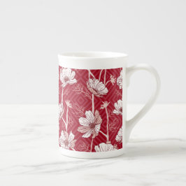 Röd med vita blommor benporslin mugg