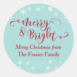 Röd Merry & Bright med vita snöflingor på blå Runt Klistermärke