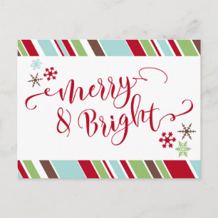 Röd Merry & Bright, Snöflingor & Diagonala Ränder Helg Vykort