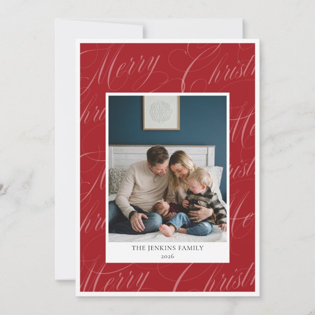 Röd Merry Christmas Script Familj Två Foto  Julkort (Framsida)