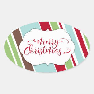 Röd Merry Christmas-typografi med diagonala ränder Ovalt Klistermärke