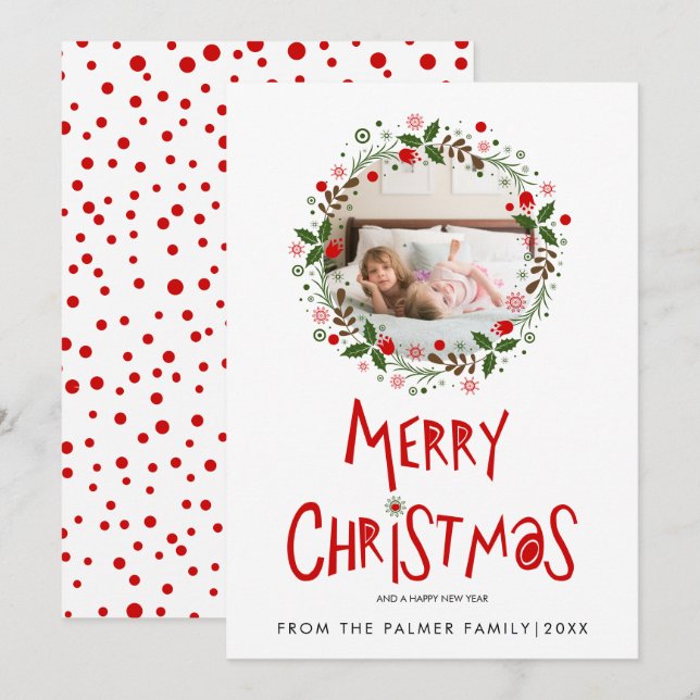 Röd Merry Christmas-typografi och kransfoto Julkort (Fram/baksida)