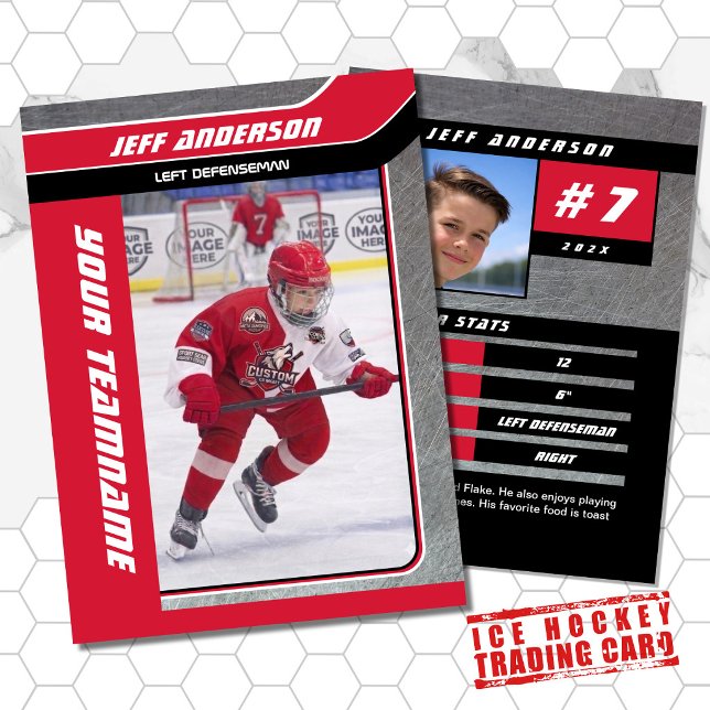 Röd metall ishockey samlarkort (Proudly share youre kids' achievements with this red black and metal card)