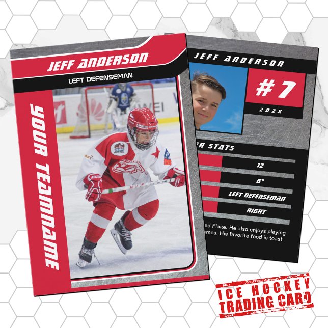 Röd Metall Ishockey Trading Card (Proudly share youre kids' achievements with this red black and metal card)