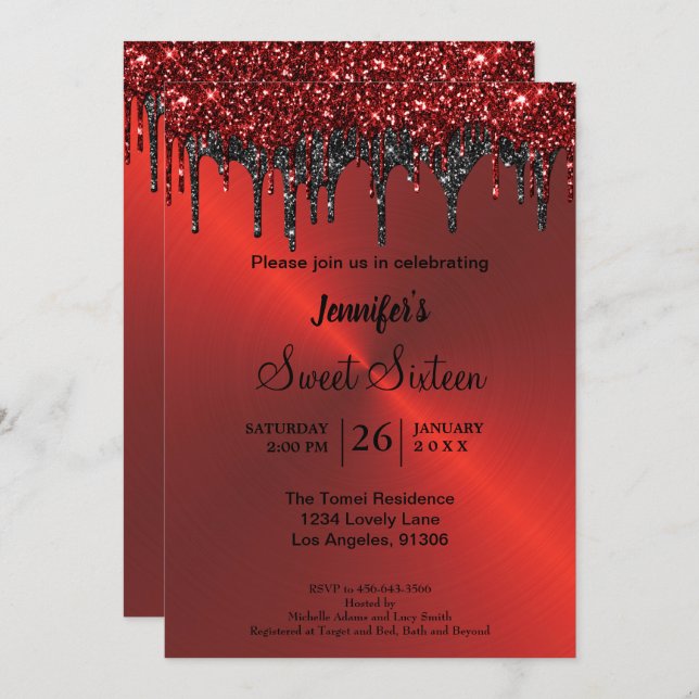 Röd metallisk glitter Sweet sixteen Inbjudningar (Fram/baksida)