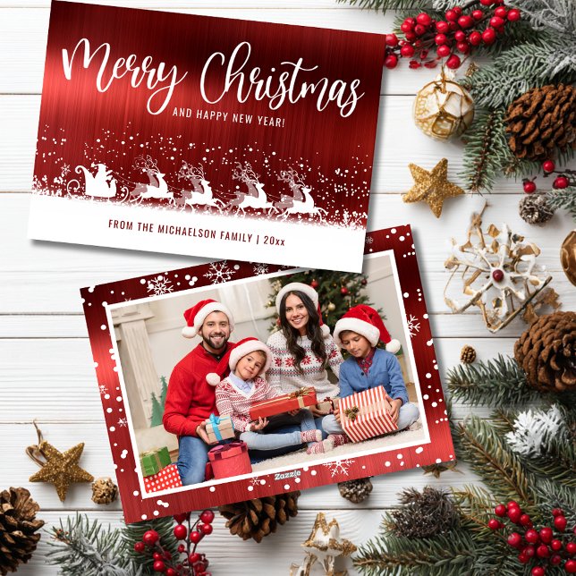 Röd metallisk julfotografiet med Tomtesläde Julkort (Red Metallic Santa Sleigh Christmas Photo Card )