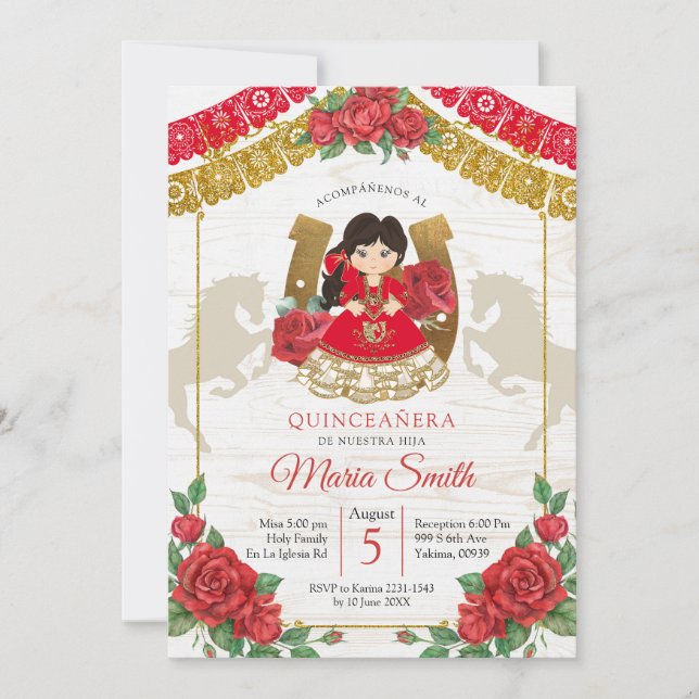 Röd mexikansk Charra Quinceañera västlig inbjudan (Framsida)