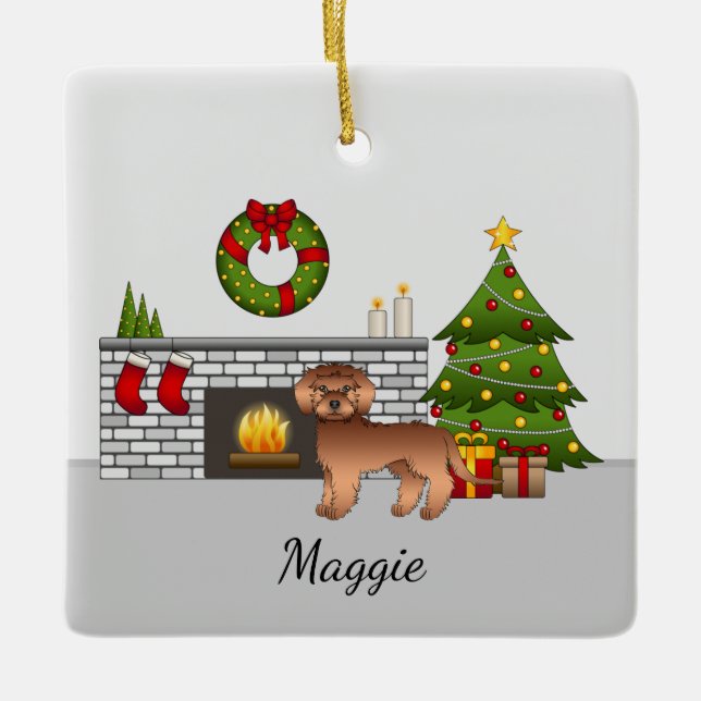 Röd Mini Goldendoodle - Festiv juldröm Julgransprydnad Keramik (Framsida)