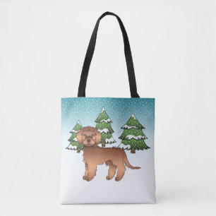 Röd Mini Goldendoodle Hund I En Vinter Skog Tygkasse