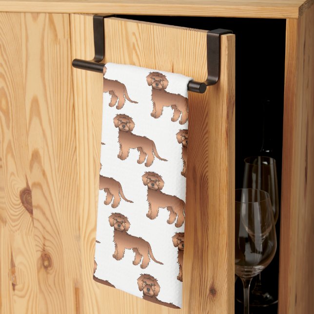 Röd Mini Goldendoodle Söt Tecknad Hund Mönster Kökshandduk (Thirds Fold)