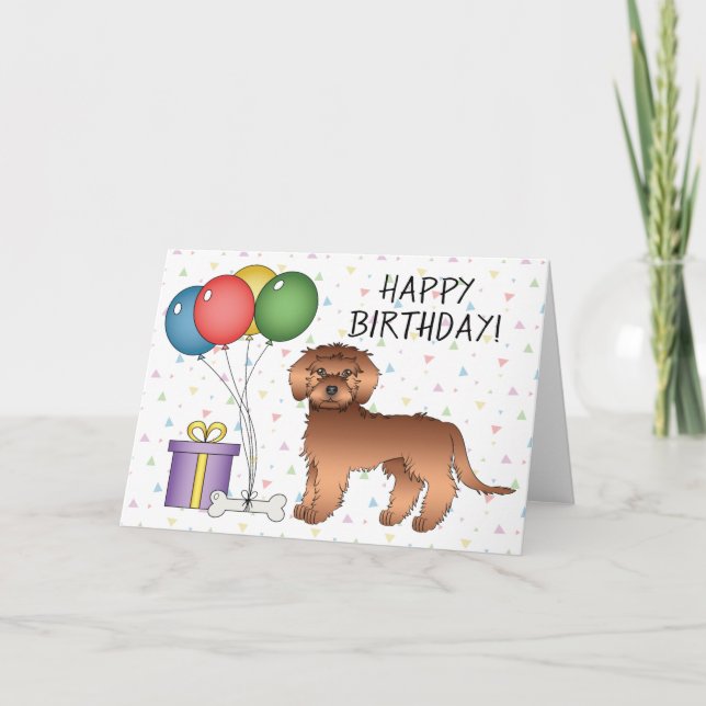 Röd Mini Goldendoodle Tecknad Hund Glad Födelsedag Kort (Framsida)
