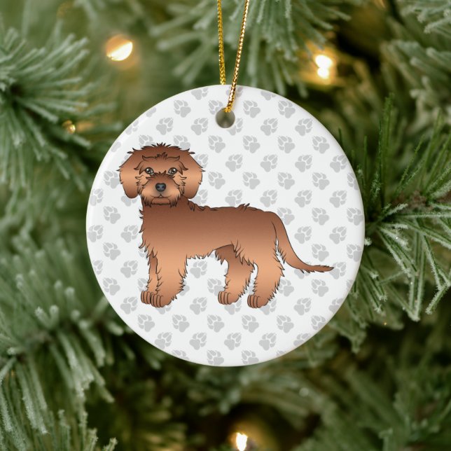 Röd Mini Goldendoodle Tecknad Hund & Text Julgransprydnad Keramik (Träd)