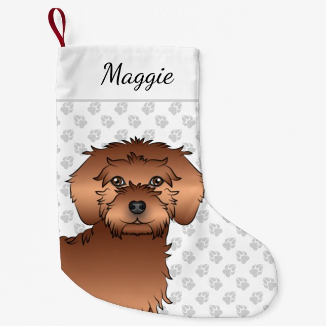 Röd Mini Goldendoodle Tecknad Hundhuvud & Namn Liten Julstrumpa (Framsidan)