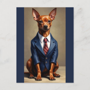 Röd miniatyrpinscher som bär kostym och slips vykort