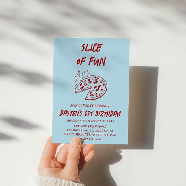 Röd Minimal Skiva Av Rollig Pizza Födelsedag Inbjudningar (Skapare uppladdad)