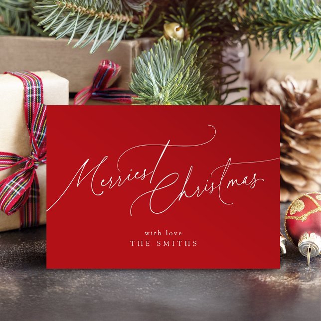 Röd minimalistisk elegant skrift Glad jul Julkort (Red Minimalist Elegant Script Merriest Christmas Holiday Card)