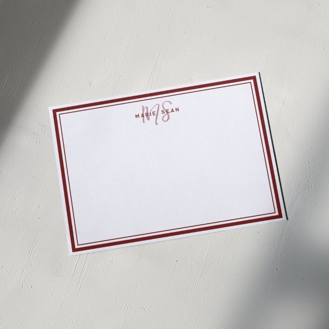 Röd minimalistisk enkel monogram två ramar anteckningskort (Skapare uppladdad)