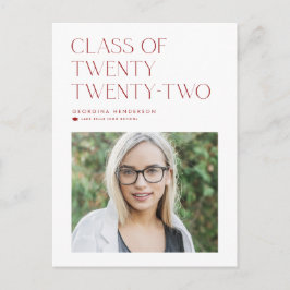 Röd minimalistisk klass 2022 fotoexamen meddelande vykort